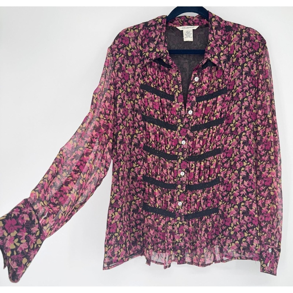Y2K Malcolm Co 100 Silk Floral Blouse L Sheer Lace Trim Whimsigoth Fairycore Top